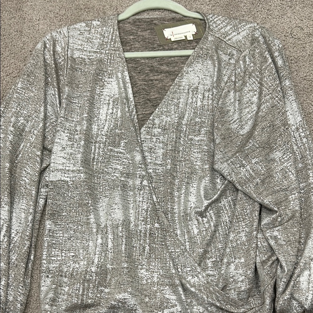 Anthropologie Silver Metallic Long-Sleeve Top